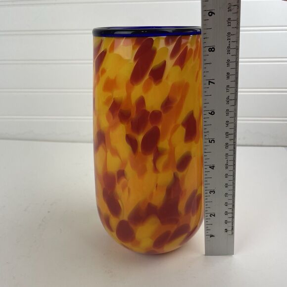 Damon MacNaught Blown Modern Art Glass Cylinder Vase Yellow Red Confetti Signed - Picture 4 of 9